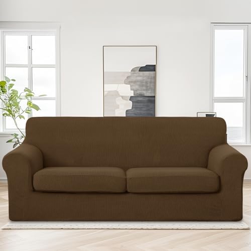 U-NICE HOME 3 Pieces Stretch Couch Cover Sofa Slipcover, Brown - Image 2