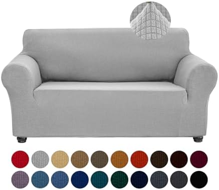Joccun Stretch Loveseat Couch Cover Slipcover, 1-Piece Sofa Cover for 2 Cushion Couch Spandex Jacquard Washable Furniture Protector Cover for Living Room,Kids,Pets（Loveseat,Silver） by Joccun