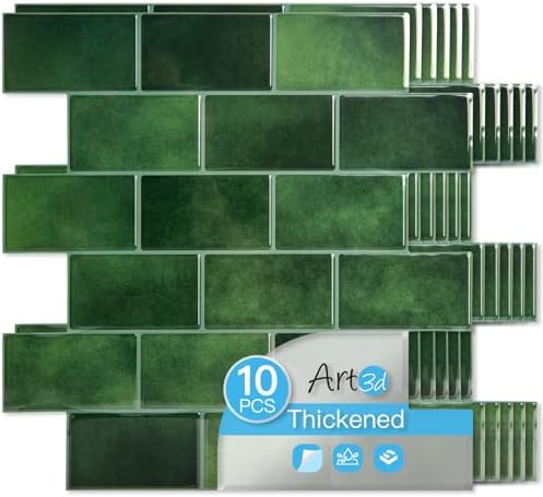 Art3d 10-Pack Subway Tiles Peel and Stick Backsplash, Green, 12 x 12 Inch by Art3d