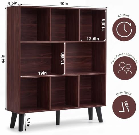 YAHARBO 8 Cube Walnut Bookshelf,5 Tier Book Shelf with Legs,Modern Minimalist Bookcase,Open Book Shelves Storage Organizer,Frees Standing Wooden Display Bookcases for Small Space,Bedroom,Living Room - Image 2