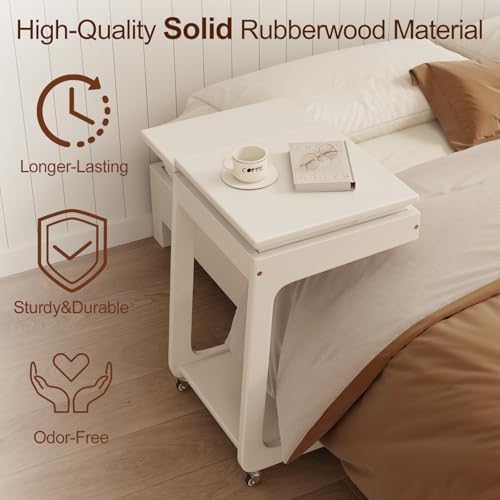 Solid Wood C Shaped End Table for Couch, White Couch Desk - Image 3