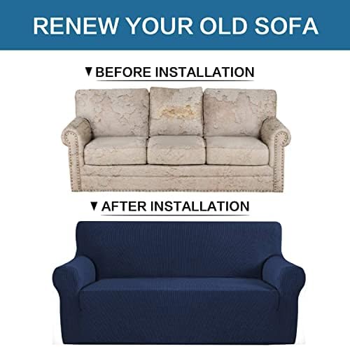 H.VERSAILTEX Stretch Couches Covers Slip Covers for Sofas/Couches 2 Cushions Sofa Cover for Loveseat 1 Piece with Elastic Bottom, Textured Checked Jacquard Fabric(Loveseat 58"-70" Wide, Navy) - Image 6