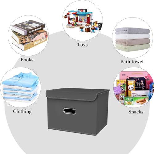 1-Pack Large Collapsible Storage Bins with Lids,Fabric Storage Cubes Organizer for Shelves,Closet,Nursery,Foldable Cube Storage Baskets with Handles,Home Boxes (14.9"x9.8",Grey) - Image 3
