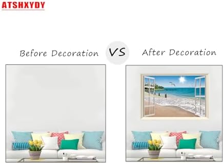 Fake Window Wall Decal- Summer Beach Seascape Open Wall Art Poster Sticker | Faux Window Ocean Coast Natural Landscape Mural｜ Stick and Peel Wall Decals｜Room Bedroom Office Decor｜48"x32",Set of 2 Sheets - Image 3