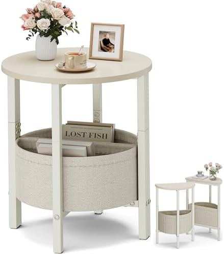 Vagusicc Small Round Side Table End Table, Tall Accent Table with Storage Basket, Set of 2 Half Round Tables Half Moon Tables, Coffee Bedside Tables, Modern Nightstand for Living Room Bedroom, Cream by Vagusicc