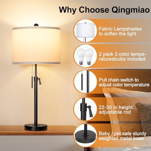Qingmiao Table Lamps Set of 2, 22" to 30" Adjustable Nightstand Lamps for Bedroom, Dimmable End Table Lamps for Living Room Console Entry Farmhouse Home Decor, New House Warming Gifts - Image 4