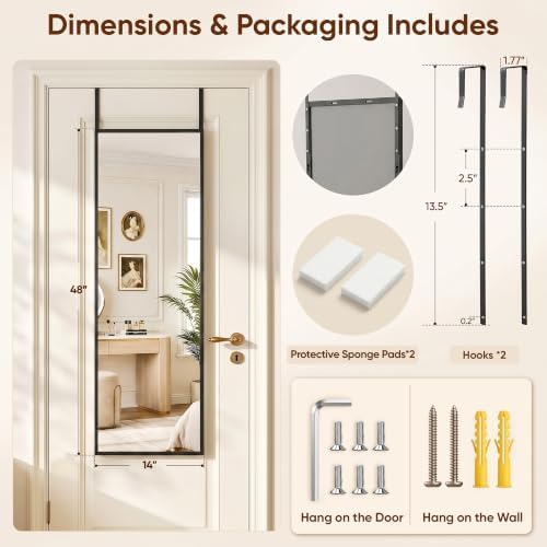 Suidia Full Length Mirror Over the Door&Wall Mounted, 48"x14" Door Mirror with Aluminum Alloy Frame, HD Shatterproof, No-Drill, Hanging Mirrors for Bedroom, Bathroom, Dorm, Closet, Rect, Black - Image 5