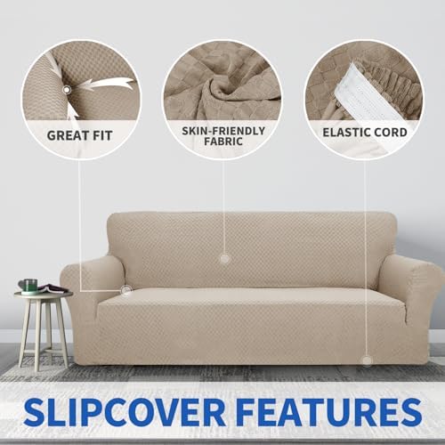 ZNSAYOTX 1 Piece Jacquard Chair Slipcovers for Living Room High Stretch Chair Covers with Arms Anti Slip Pets Friendly Couch Sofa Armchair Cover Furniture Protector (Chair, Khaki) - Image 5