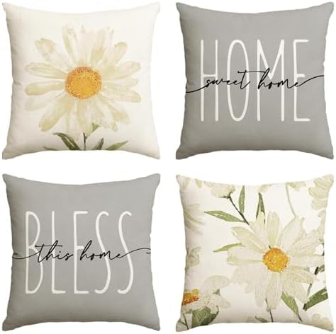 AVOIN colorlife Home Sweet Home Spring Summer Flowers Throw Pillow Covers, 16 x 16 Inch Grey Cushion Case for Sofa Couch Set of 4 by AVOINcolorlife