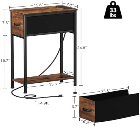 Vagusicc End Table Set of 2 with Charging Station, Narrow Side Table Nightstand with Fabric Drawer, Slim Nightstand for Bedroom, Small Bedside Table, Slim Side Table for Small Spaces, Rustic Brown - Image 3