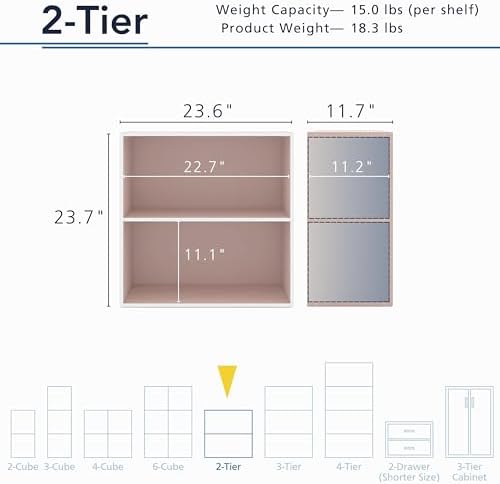 Homes: Inside + Out Apexa 2-Tier Cube Storage Organizer Shelves, Stackable Wood Bookcase Fits Cubby Bins for Organization, Dorm Teen Room Decor & Home Office, Light Pink - Image 3