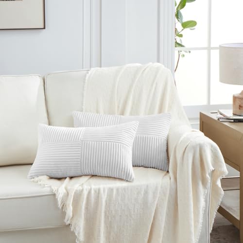 Fancy Homi 2 Packs White Lumbar Decorative Throw Pillow Covers 16x32 Inch for Living Room Couch Bed Sofa, Rustic Farmhouse Boho Home Decor, Soft Striped Corduroy Rectangle Accent Cushion Case 40x80 cm - Image 6