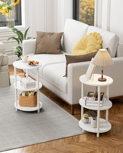 Round Pedestal End Table - 3-Tier Oval Accent Table for Small Spaces, Rustic Wood and Metal Couch Side Table, Nightstand for Bedroom or End Table Living Room, Easy to Assemble, Marble White - Image 6