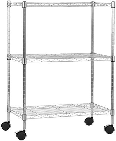 Amazon Basics 3-Shelf Heavy Duty Adjustable Wire Shelving Storage Rack on 2" PP Plastic Wheel Casters, Steel Utility Shelving Unit for Garage and Laundry Room, 23.2" x 13.4" x 32.75", Chrome by AmazonBasics