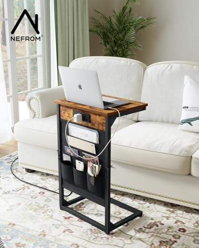 C-Shaped End Tables Set of 2, Small Couch Side Table with Fast-Charging Station, Sofa TV Tray Table with Storage Bag for Living Room, Bedroom, Bedside ET-BR-W2 - Image 2