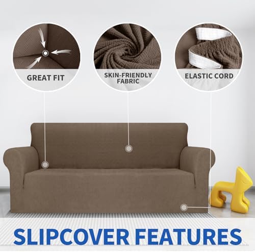MAXIJIN Loveseat Cover Sofa Covers (55"-69"), 1-Piece Stretch Couch Covers for 2 Cushion Couch Love Seat Slipcover with Elastic Bottom for Kids,Dog (Loveseat, Diamond Pattern Brown) - Image 3