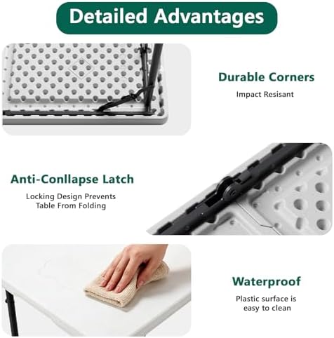 4FT Folding Table 2 Pack,Adjustable Height Heavy Duty Plastic Folding Tables with Carry Handles,Fold-in-Half Portable Tables with Steel Legs for Party, Wedding,Camping, Picnic,Indoor Outdoor,White - Image 6