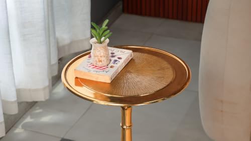 CLEENTABLE Gold Round Accent Table, Embossed Top, 15x21 - Image 4
