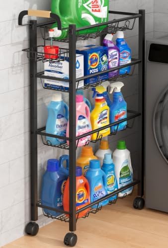 AOODA 4 Tier Laundry Room Cart with Top Detergent Holder, Pure Black by AOODA