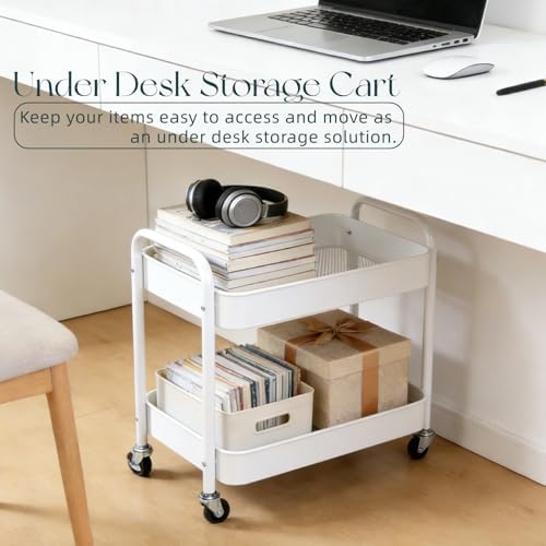 2 Pack Two Tier Rolling Cart with Wheels Small Pantry Floor Organizer Under Desk Storage Metal Short Utility Cart for Small Space, Kitchen Shelf Laundry Room Bathroom Organization, White - Image 2