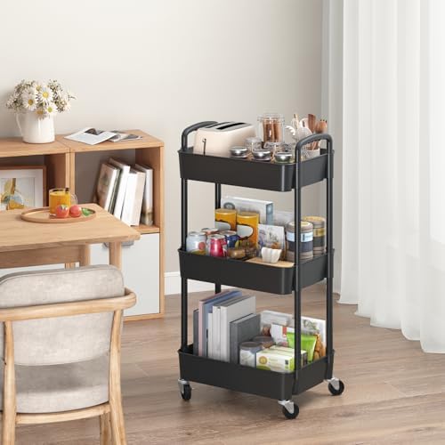 Sywhitta 3-Tier Plastic Rolling Utility Cart with Wheels for Storage,Black - Image 4