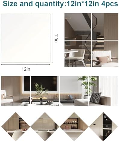 Wall Mirrors 12 x 12 Inch 4 Pack, Acrylic Mirror Tiles, Frameless Shatterproof Mirrors for Wall, Full Length Body Mirror for Bedroom, Home Gym, Door - Image 2