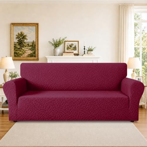 ZNSAYOTX 1 Piece Stretch Sofa Covers for 3 Cushion Couch (72"-90"), New Plaid Couch Cover with Non-Slip Buckle for Dog Pets, Ultimate Soft Cozy Washable Sofa Slipcover Form Fit Protector, Wine Red - Image 2