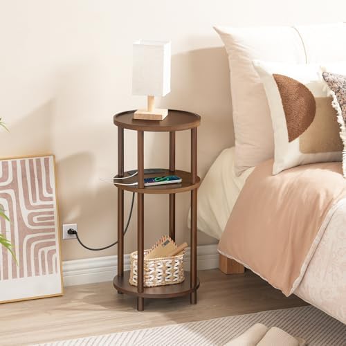 HOOBRO Small Round Side Table with Charging Station, 3-Tier Round Bamboo End Table, Compact Sofa Bedside Table for Small Space, Easy Assembly, for Living Room, Bedroom, Apartment, Mocha MA152UBZ01 - Image 6