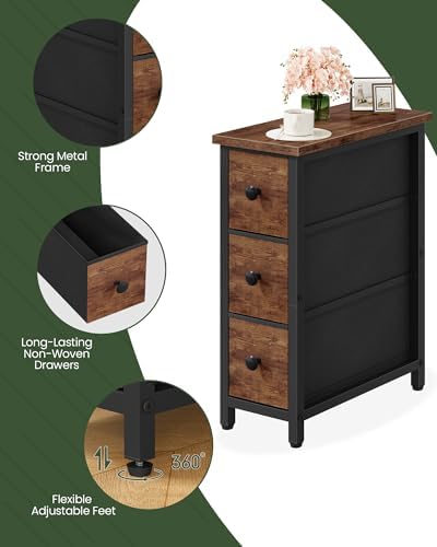 CHOEZON Narrow Side Table with 3 Fabric Drawers, Industrial Slim Bedside Table for Small Spaces, Bedroom, Living Room, Dormitory, Rustic Brown and Black TBZ09BF - Image 5