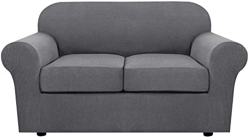 H.VERSAILTEX 3 Piece Stretch Sofa Covers for 2 Cushion Loveseat Couch Covers for Living Room Furniture Cover (Base Cover Plus 2 Seat Cushion Covers) Thicker Jacquard Fabric(Medium Sofa, Grey) by HVERSAILTEX