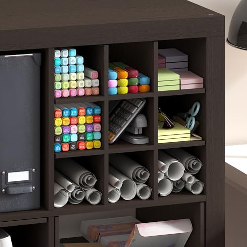 Furinno Cubicle 9-Compartment Cube Insert, Grid Cube Organizer, Dark Oak - Image 4