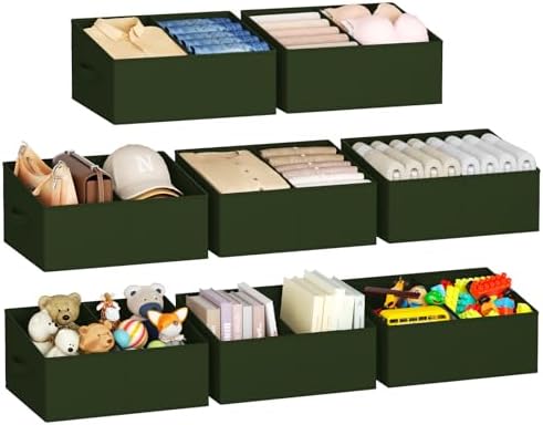 DIMJ Large Closet Shelf Organizer Bins 8 Packs with Handles and Divider, Fabric Trapezoid Storage Baskets, Foldable Clothes Containers Box for Shelf, Towel, Book, Toy, Purse, Hats, Green by DiMJ
