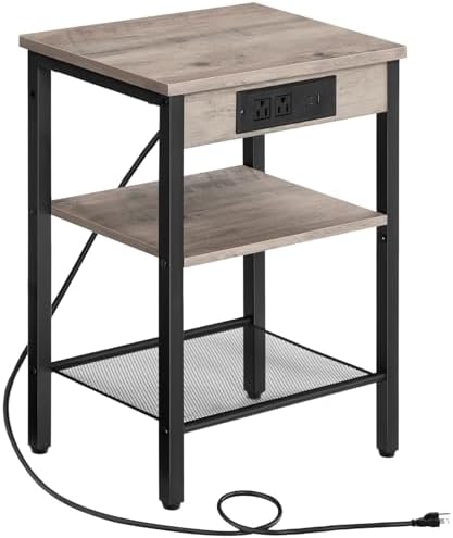 HOOBRO Side Table with Charging Station and USB Port, Small End Table for Small Space, 3-Tier Nightstand with Adjustable Shelf, for Living Room, Bedroom, Greige and Black BG112BZ01 by HOOBRO