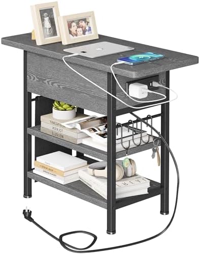 End Table with Charging Station, Flip Top Nightstand with USB Ports and Outlets,Couch Side Table with Fabric Bag and Hooks, Bedside Table for Space Saving, Living Room, Bedroom (Grey) by Homeiju