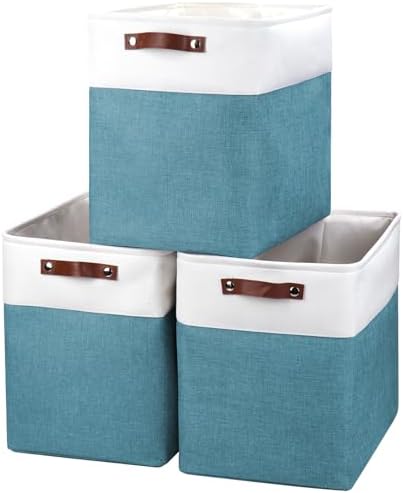 Bagnizer Large Fabric Storage Baskets | 50L Storage Bins, Decorative Linen Closet Baskets with Handles for Organizing, Shelf, Toys, Clothes, Home, Office, Nursery, 17x12x15Inches (Teal&White) by Bagnizer