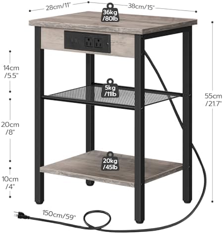 HOOBRO Side Table with Charging Station and USB Port, Small End Table for Small Space, 3-Tier Nightstand with Adjustable Shelf, for Living Room, Bedroom, Greige and Black BG112BZ01 - Image 3