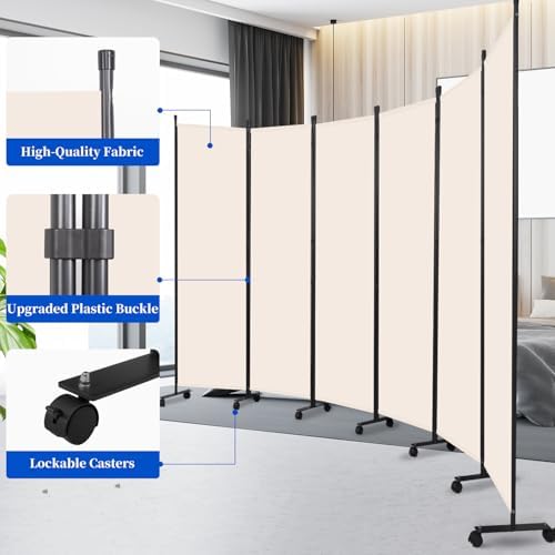 Room Divider 6FT 6 Panel Folding Privacy Screen with Lockable Wheels,Beige - Image 6