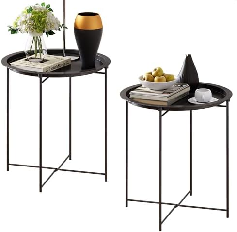 End Table Set of 2,Outdoor Side Table, Small Patio Round Folding Metal Black Side Tables for Outdoor,Living Room,Balcony and Office,Φ18.5" x 19.9"H，2 PCS by Elitehouse