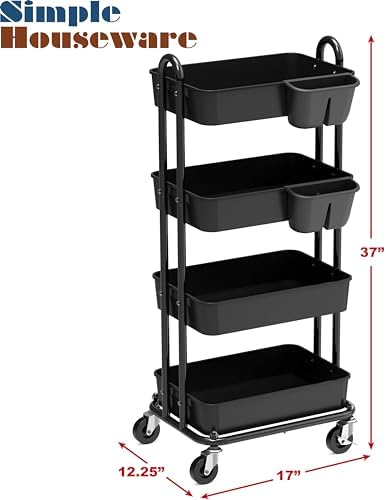 Simple Houseware 4-Tier Rolling Utility Cart with Hanging Bucket, Black - Image 6