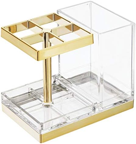 mDesign Plastic Toothbrush and Toothpaste Storage Organizer Holder - Home Decor for Bathroom Countertop - Holds Toiletries and Beauty Accessories - Lumiere Collection - Clear/Soft Brass - Image 7