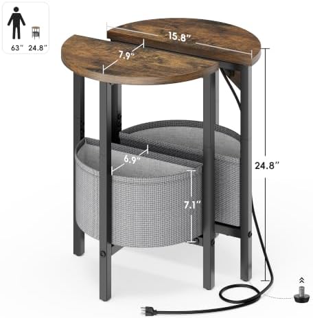 Vagusicc Round Side Table with Charging Station, Round End Table with Fabric Basket, Accent Table Coffee Table, Set of 2 Half Moon Tables, Bedside Table, Modern LED Nightstand for Living Room, Brown - Image 3