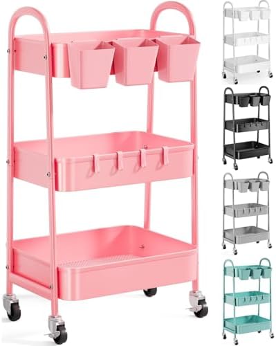 3 Tier Metal Rolling Cart with Lockable Wheels and Handle,Three Tiered Cart by Recximi