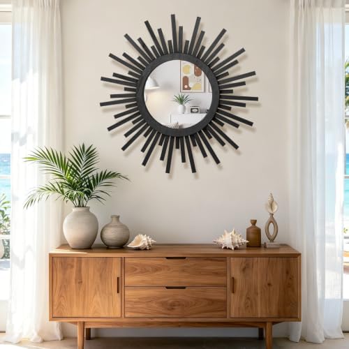 24 Inch Boho Sunburst Mirror, Round Wooden Wall Decor Starburst Sun Mirror for Bedroom, Living Room, Bathroom, Hallway, Balcony, Farmhouse Entryway, Housewarming Gift（Black - Image 2
