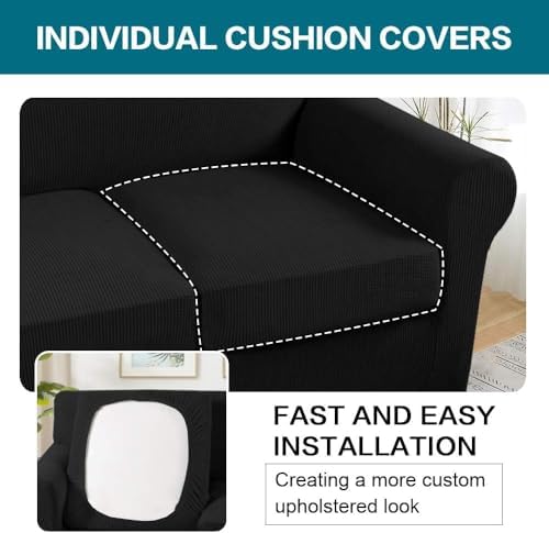 Turquoize 4 Piece Sofa Covers for 3 Cushion Couch Sofa Slipcover Soft Couch Cover for Dogs Washable Furniture Cover with 3 Individual Large Cushion Covers Feature Fabric (Large Sofa, Black) - Image 5