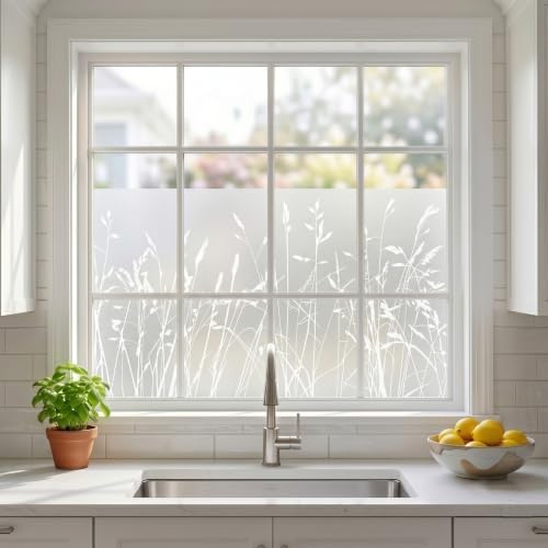 Static Cling Privacy Window Film, 78" x 17" Frosted Glass Covering with Wildflower & Botanical Patterns, Removable No Glue Window Film for Home Bathroom Bedroom Office (Minimalist Wild Grass) - Image 2