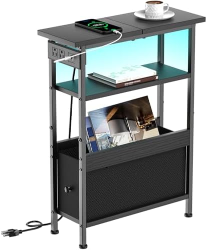 Creso hom Narrow Side Table with Charging Station and LED Light, End Table by Cresohom