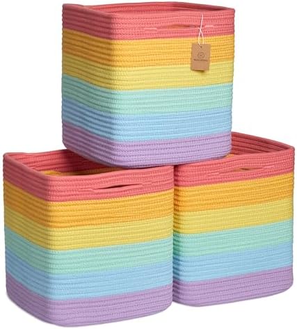 NaturalCozy Storage Cubes 11 Inch Cotton Rope Woven Baskets for Organizing, 3-Pack | Cube Storage Bin | Square Storage Baskets for Shelves Organizer, Classroom, Kids Toy Bins, Closet, Baby Nursery by NaturalCozy