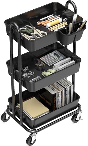 Simple Houseware 3-Tier Rolling Utility Cart with Hanging Bucket, Black - Image 2