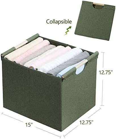 HOONEX Large Collapsible Storage Bins, Linen Fabric, Pack of 2, Storage Baskets with Wooden Carry Handles and Sturdy Heavy Cardboard, for Home, Office, Car, Nursery, Olive - Image 7
