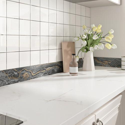 Wallercity Black/Gold Marble Wallpaper Border for Bathroom Peel and Stick Borders Trim Self Adhesive Marble Contact Paper Waterproof Border Stickers for Mirror Frame Wall Corner Blackboard 3.94x197 IN - Image 2